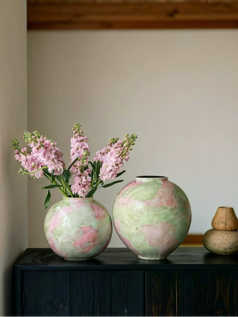 Pastel Painted Vase, Wabi‑Sabi Retro Ceramic Vase for Home Floral Decor
