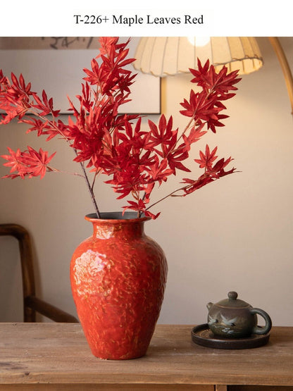 Red Chinese Ceramic Vase Retro National Style Dual-use Floral Vessel for Dried & Fresh Flower Table Decor