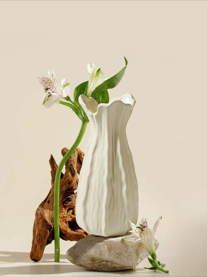 Cream Ceramic Vase, French Retro Textured Vessel for Living Room Water‑Flower Decor