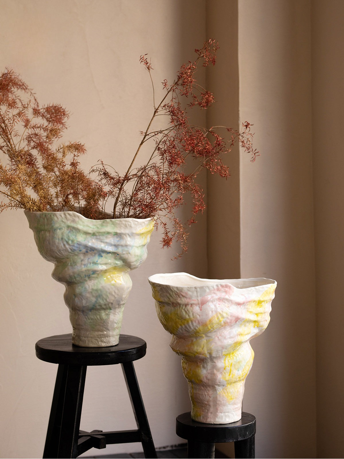 Pastel Hand Painted Ceramic Vase Minimalist French New Chinese Wabi Sabi Floral Decor Vessel