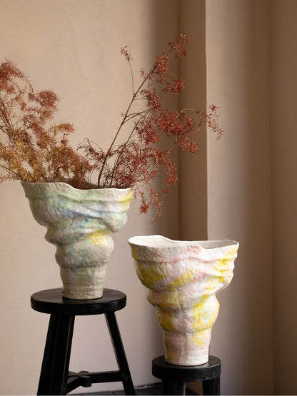 Pastel Hand Painted Ceramic Vase Minimalist French New Chinese Wabi Sabi Floral Decor Vessel