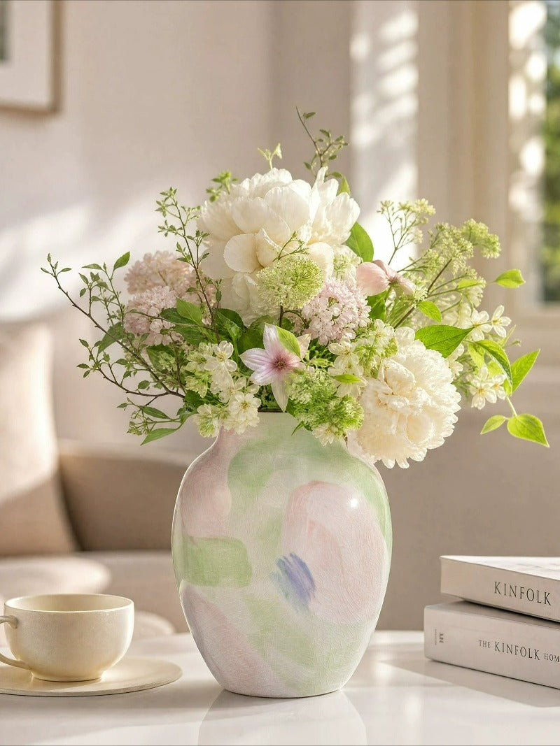 Pastel Floral Vase, Pastoral Retro Ceramic Vase for Table Flower Arrangement