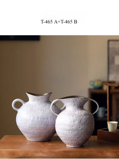 Wabi Sabi Double Handle Lavender Ceramic Vase, Minimalist Neo Chinese Tabletop Flower Vessel
