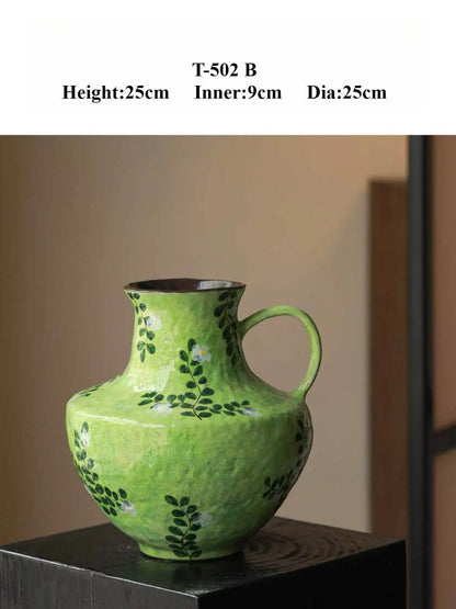 New Chinese Wabi-Sabi Painted Floral Vase with Single Handle – Hydroponic Flower Arrangement for Living Room & Study Decor
