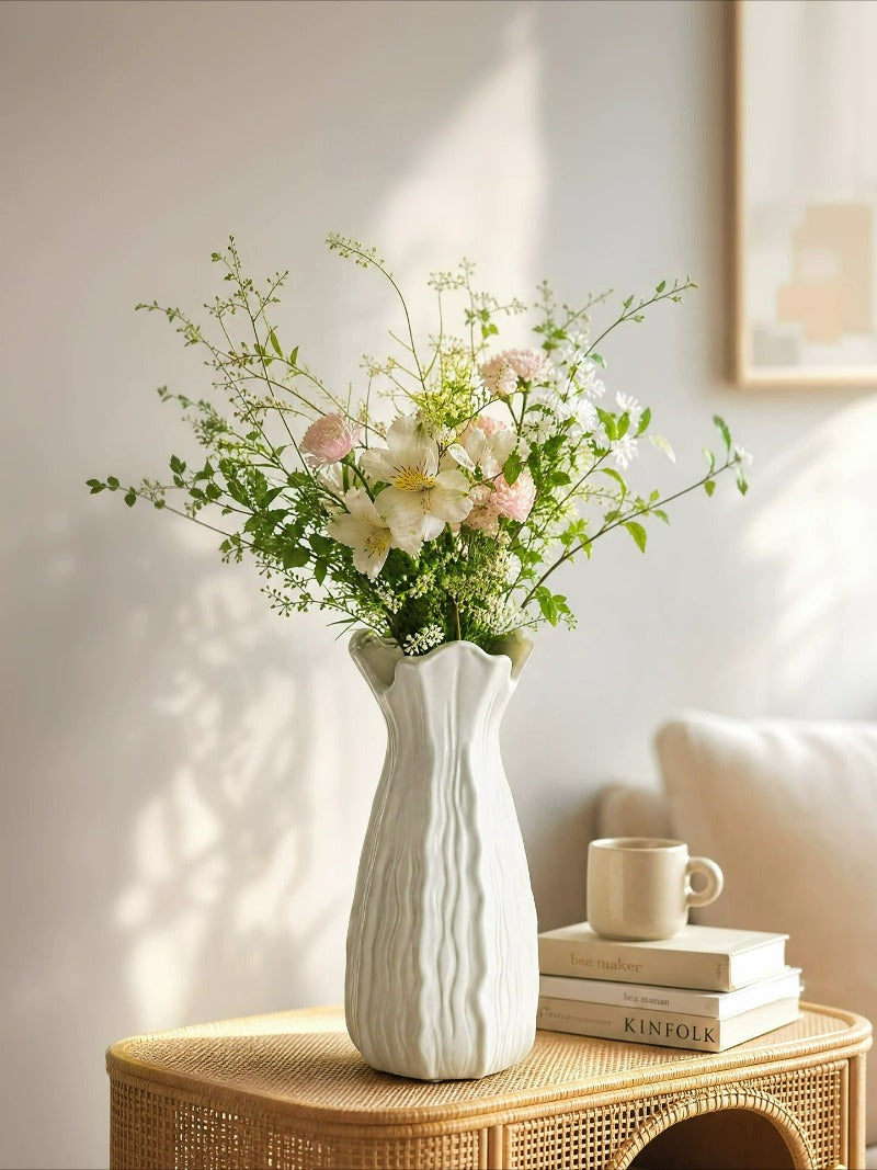 Cream Ceramic Vase, French Retro Textured Vessel for Living Room Water‑Flower Decor