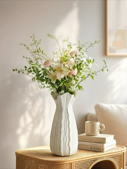 Cream Ceramic Vase, French Retro Textured Vessel for Living Room Water‑Flower Decor