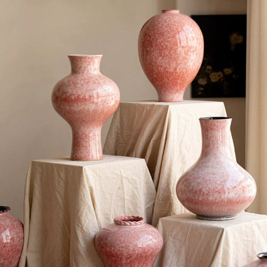 Pink Speckled Ceramic Vase Vintage New Chinese Floral Vessel for Entryway Living Room Decor