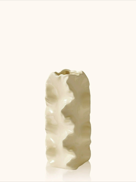 Ruffled Ceramic Vase, French Retro Cream Textured Vessel for Artistic Flower Decor