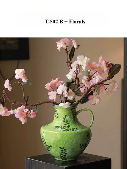 New Chinese Wabi-Sabi Painted Floral Vase with Single Handle – Hydroponic Flower Arrangement for Living Room & Study Decor
