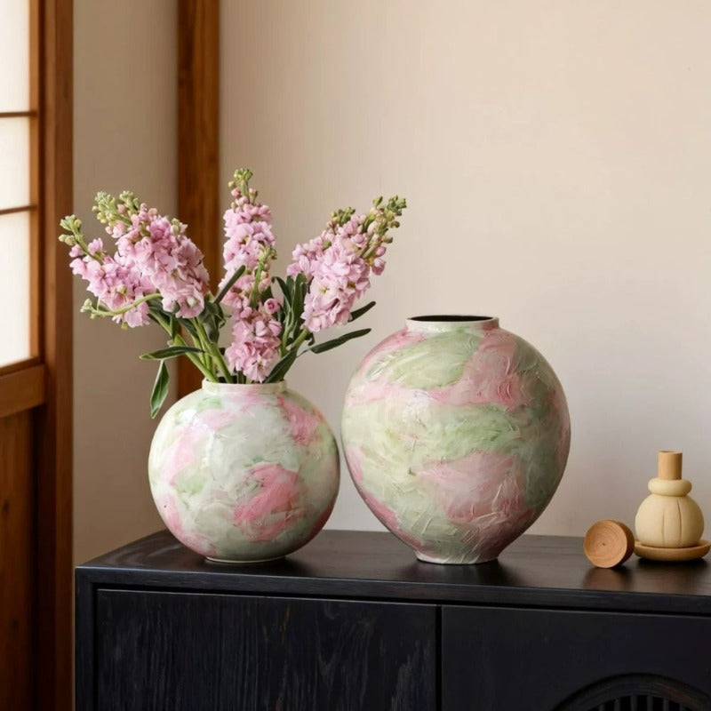 Pastel Painted Vase, Wabi‑Sabi Retro Ceramic Vase for Home Floral Decor
