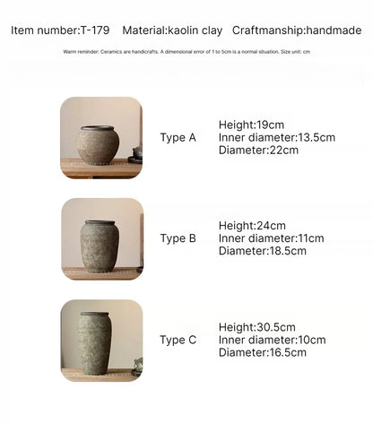 Antique Clay Pot Vase, New Chinese Wabi‑Sabi Ceramic Vase for Dried Flowers