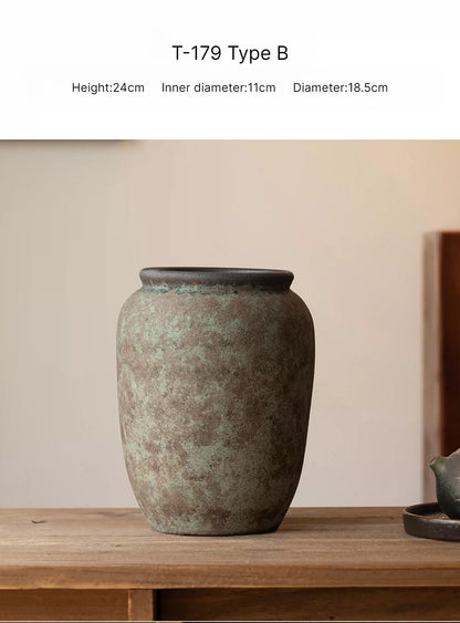 Antique Clay Pot Vase, New Chinese Wabi‑Sabi Ceramic Vase for Dried Flowers