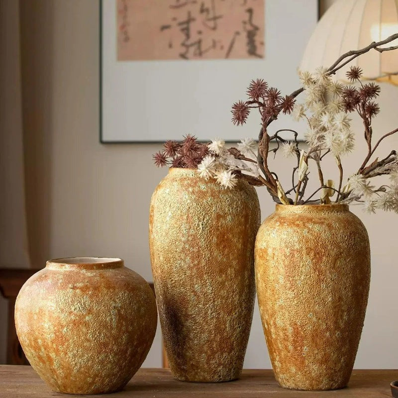 Textured Terracotta Vase, Jingdezhen Wabi‑Sabi Ceramic Pot for Dried & Water Flowers