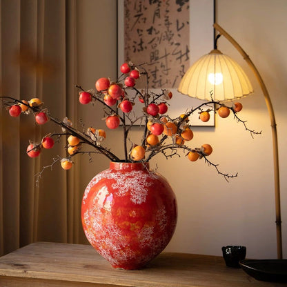 Red Chinese Ceramic Vase Retro National Style Dual-use Floral Vessel for Dried & Fresh Flower Table Decor