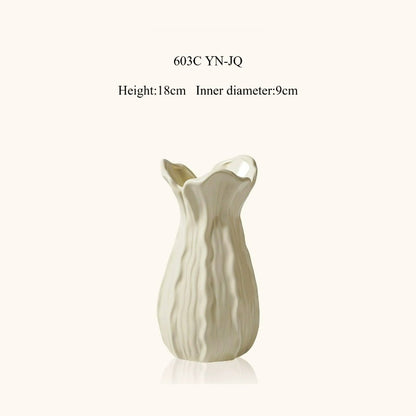 Cream Ceramic Vase, French Retro Textured Vessel for Living Room Water‑Flower Decor