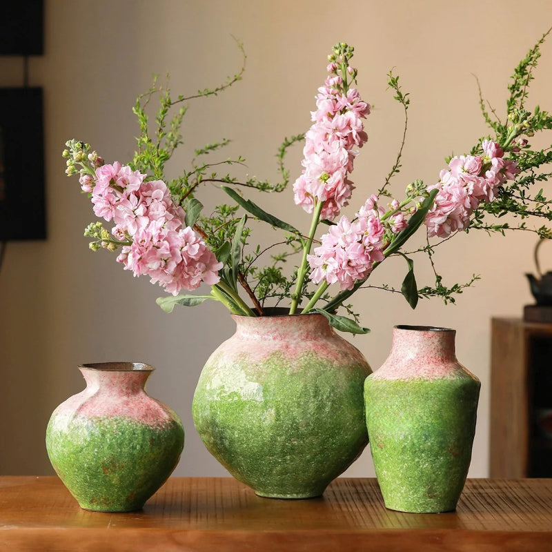 Chinese Aesthetic Gradient Green Ceramic Vase Fresh Floral Vessel for Tea Room Living Room Decor