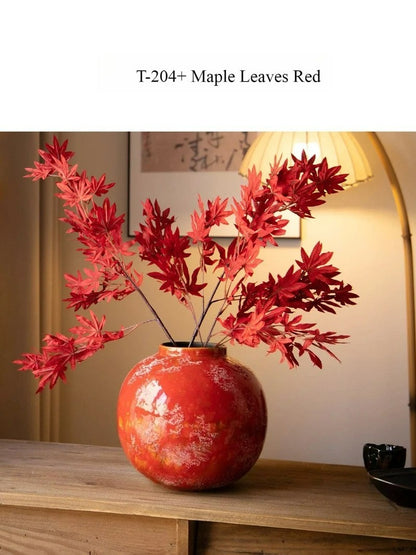 Red Chinese Ceramic Vase Retro National Style Dual-use Floral Vessel for Dried & Fresh Flower Table Decor