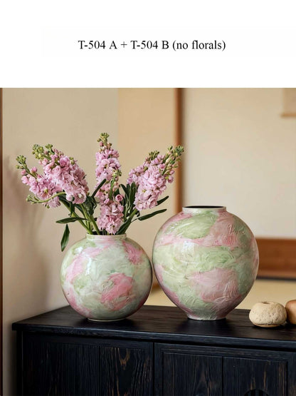 Pastel Painted Vase, Wabi‑Sabi Retro Ceramic Vase for Home Floral Decor
