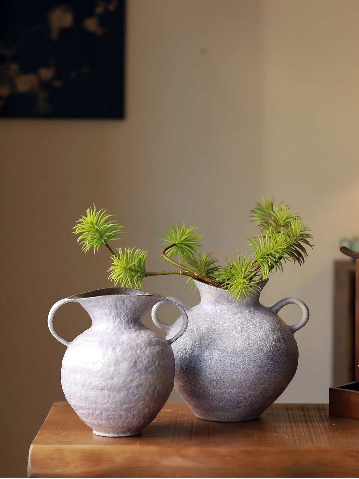 Wabi Sabi Double Handle Lavender Ceramic Vase, Minimalist Neo Chinese Tabletop Flower Vessel