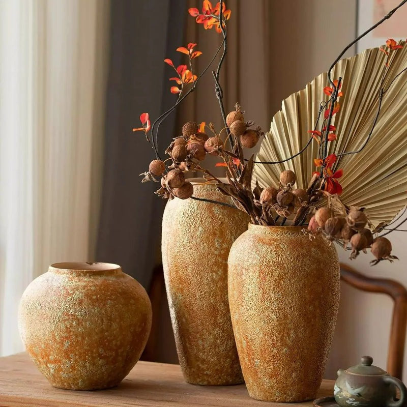 Textured Terracotta Vase, Jingdezhen Wabi‑Sabi Ceramic Pot for Dried & Water Flowers