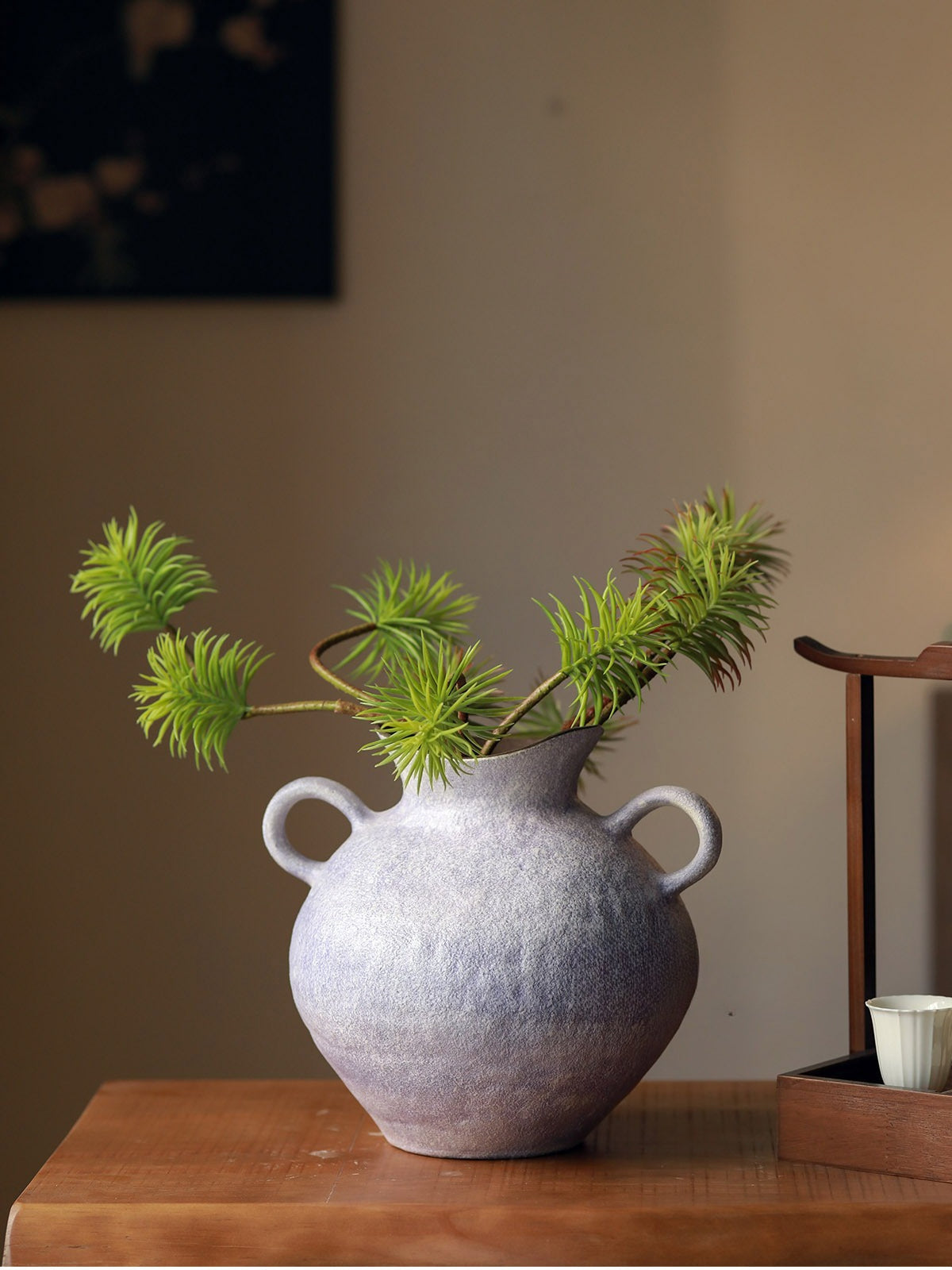 Wabi Sabi Double Handle Lavender Ceramic Vase, Minimalist Neo Chinese Tabletop Flower Vessel