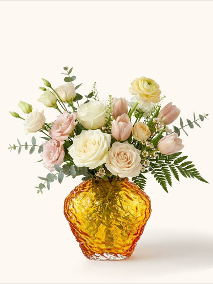 Amber Glass Vase, Luxury Hammered‑Texture Glass Vessel for Living Room Floral Decor