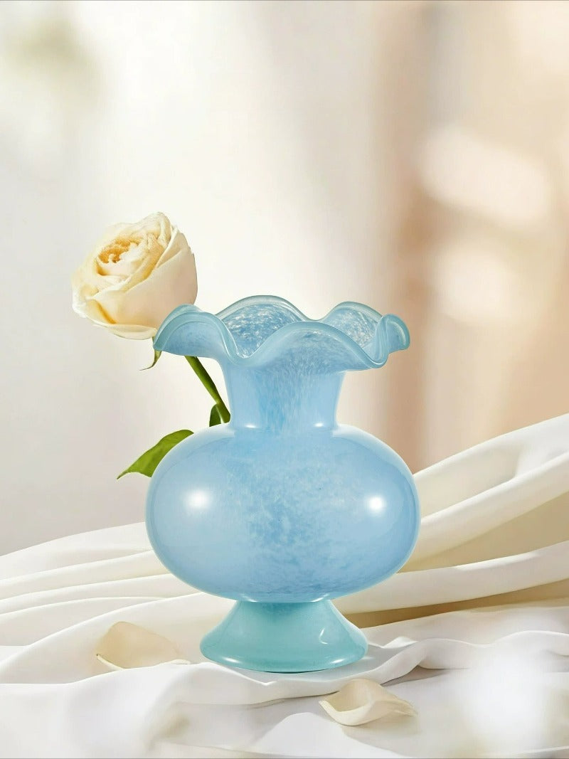 French Blue Mid Century Glass Vase Vintage Aesthetic Flower Vase Modern Living Room Home Decor Ornament