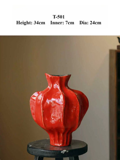 Textured Red Ceramic Vase Wabi Sabi Classical Floral Vessel for Hotel Homestay New Year Decor