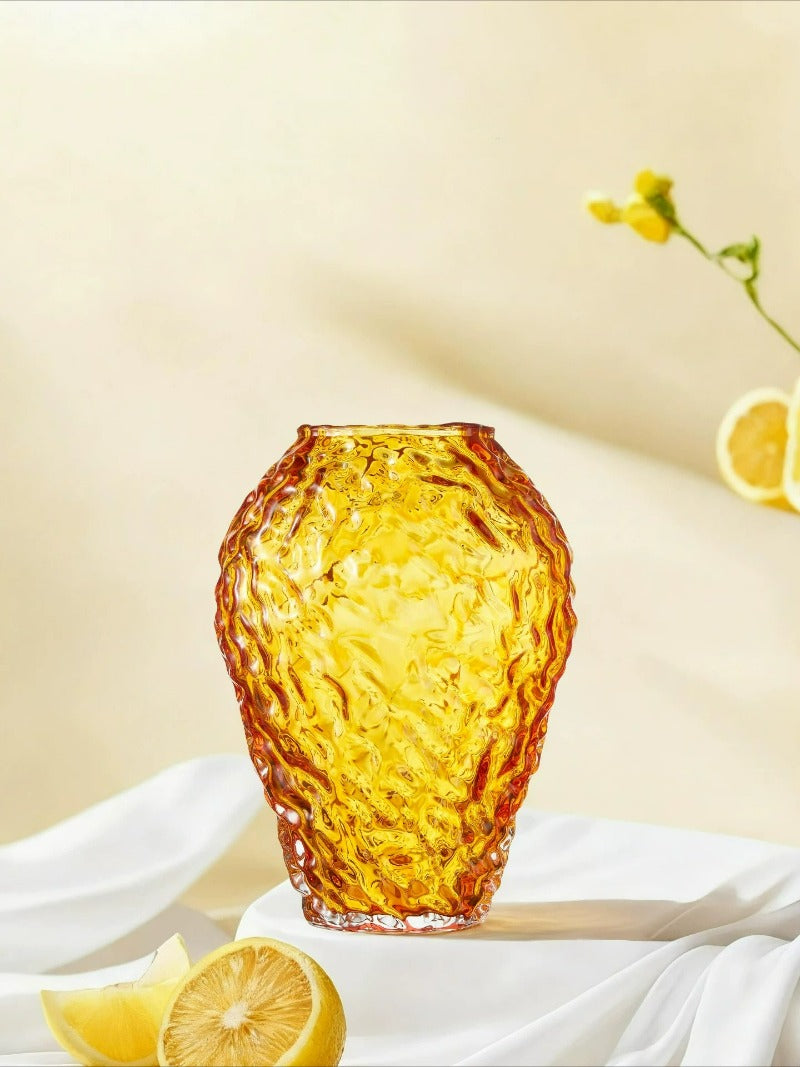 Amber Glass Vase, Luxury Hammered‑Texture Glass Vessel for Living Room Floral Decor