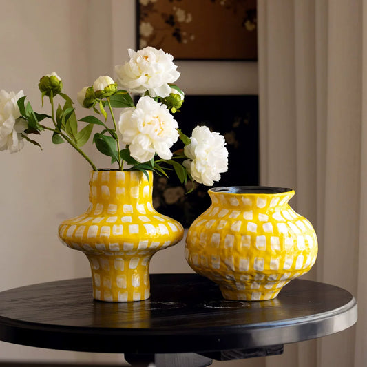 Qingmo Kiln Vintage Yellow Checkered Ceramic Vase New Chinese Desktop Flower Arrangement Decor