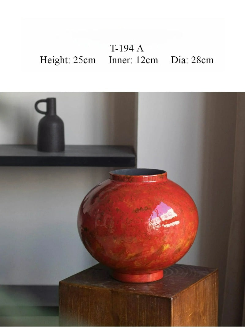 Red Chinese Ceramic Vase Retro National Style Dual-use Floral Vessel for Dried & Fresh Flower Table Decor