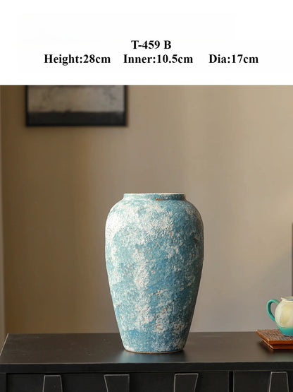 Rustic Blue Ceramic Vase Jingdezhen Wabi Sabi Floral Vessel for Homestay Tea Room Table Decor