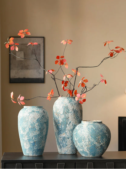 Rustic Blue Ceramic Vase Jingdezhen Wabi Sabi Floral Vessel for Homestay Tea Room Table Decor
