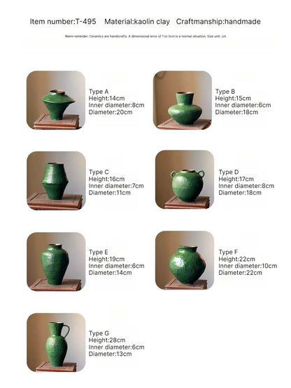 Chinese Zen Green Retro Ceramic Vase Hydroponic Flower Arrangement Ornament for Living Room Homestay Hotel Home Decor