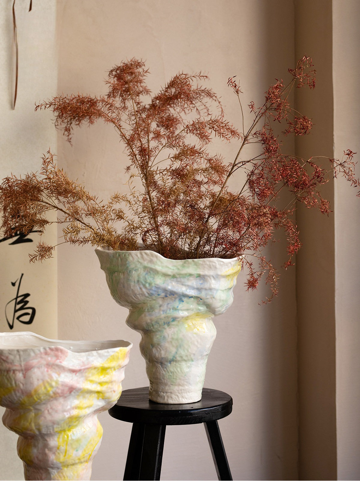 Pastel Hand Painted Ceramic Vase Minimalist French New Chinese Wabi Sabi Floral Decor Vessel