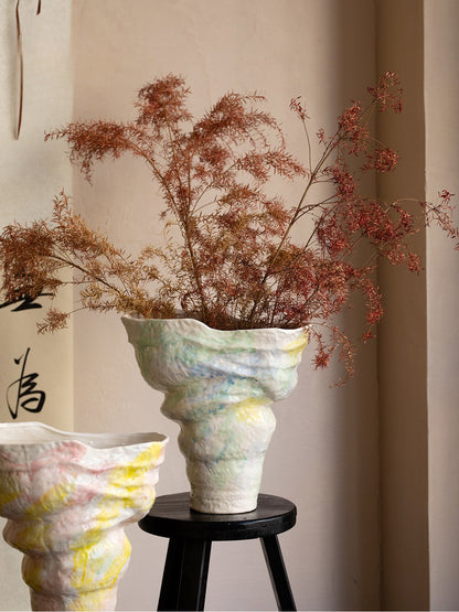 Pastel Hand Painted Ceramic Vase Minimalist French New Chinese Wabi Sabi Floral Decor Vessel