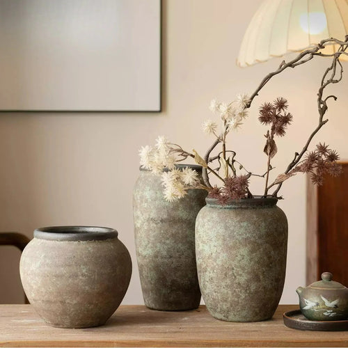 Antique Clay Pot Vase, New Chinese Wabi‑Sabi Ceramic Vase for Dried Flowers