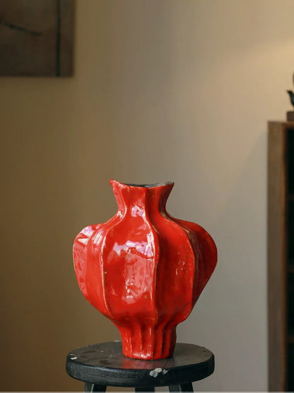 Textured Red Ceramic Vase Wabi Sabi Classical Floral Vessel for Hotel Homestay New Year Decor
