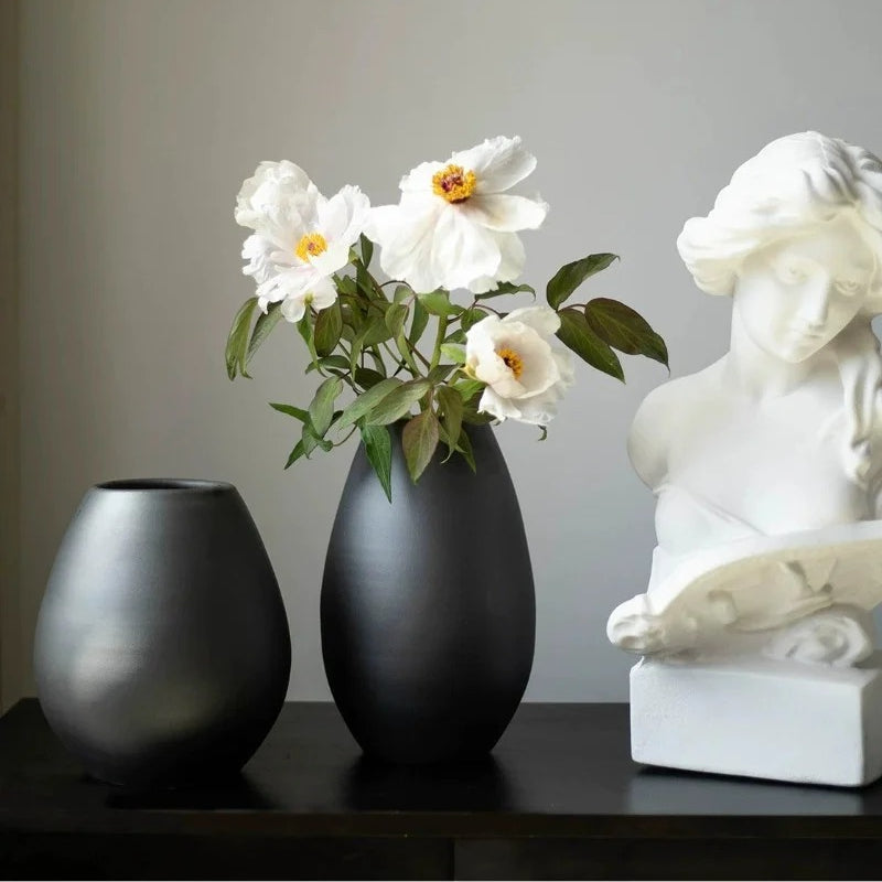 Black Ceramic Vase, Jingdezhen Wabi‑Sabi Table Vase for Home Decor
