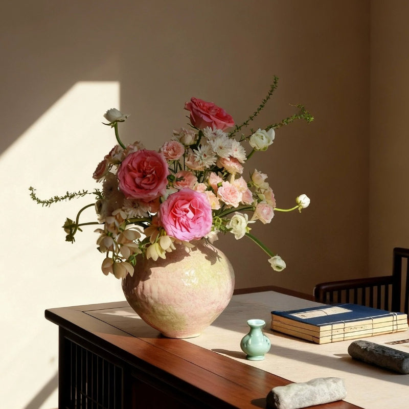 Pastel Pink Ceramic Vase Luxury New Chinese Tabletop Floral Vessel for Living Room Entryway Decor