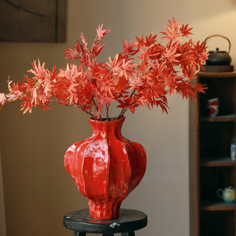 Textured Red Ceramic Vase Wabi Sabi Classical Floral Vessel for Hotel Homestay New Year Decor
