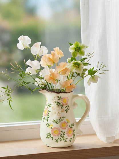 Floral Pitcher Vase, French Vintage Ceramic Vase for Pastoral Home Flower Decor