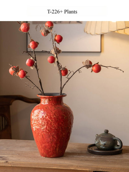 Red Chinese Ceramic Vase Retro National Style Dual-use Floral Vessel for Dried & Fresh Flower Table Decor