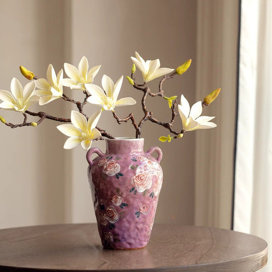 Hand Painted Underglaze Purple Rose Ceramic Vase, Retro Floral Flower Vessel for Homestay Hydroponic Decor