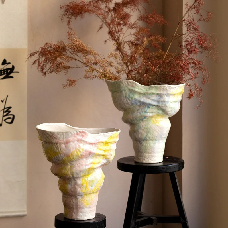Pastel Hand Painted Ceramic Vase Minimalist French New Chinese Wabi Sabi Floral Decor Vessel