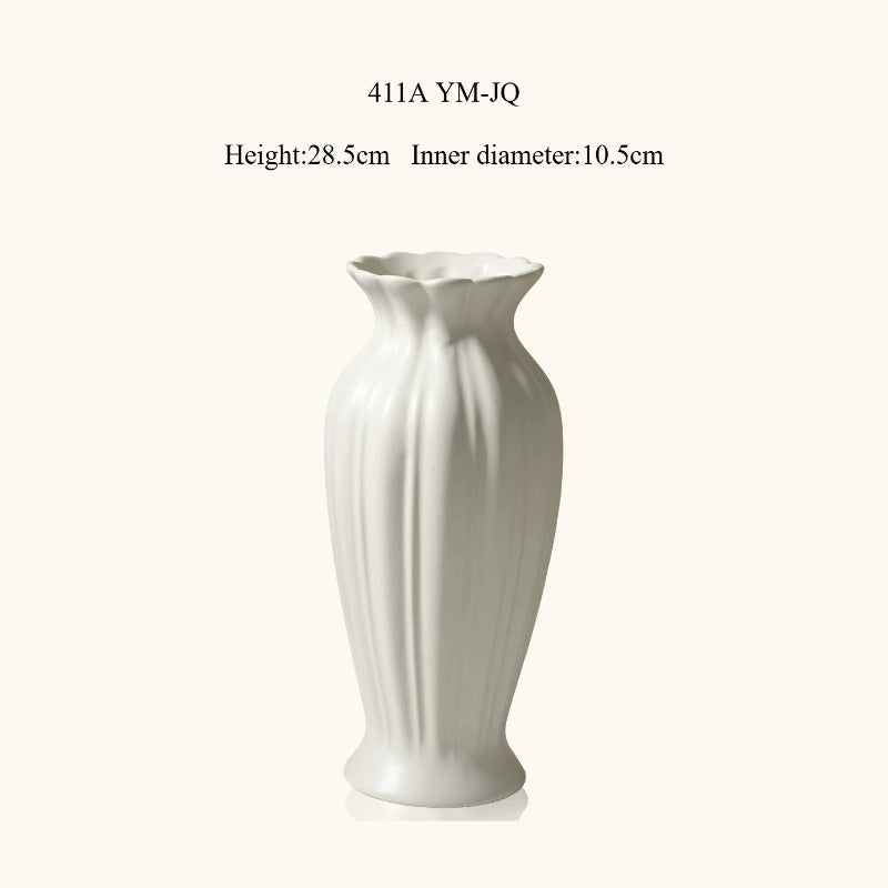 Fluted Ceramic Vase, Cream Vintage Minimalist Vessel for Dining & Living Room Flower Decor