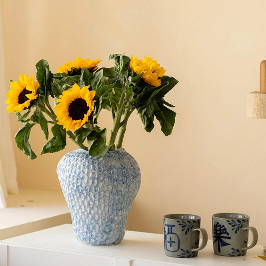 Blue Strawberry Textured Neo Chinese Ceramic Vase, Modern TV Console & Entryway Hydroponic Decor