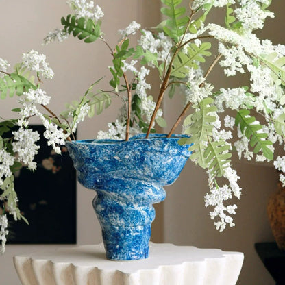 Blue Art Ceramic Vase, Large Opening Nordic Ins Style Table Flower Vessel