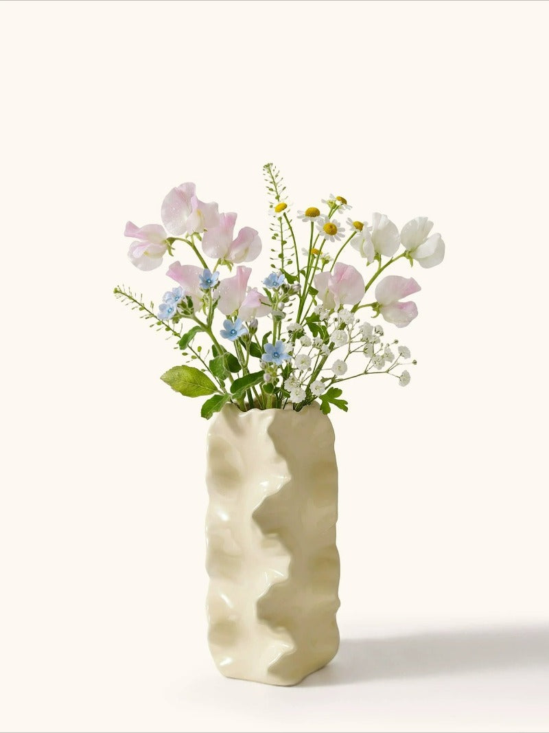 Ruffled Ceramic Vase, French Retro Cream Textured Vessel for Artistic Flower Decor