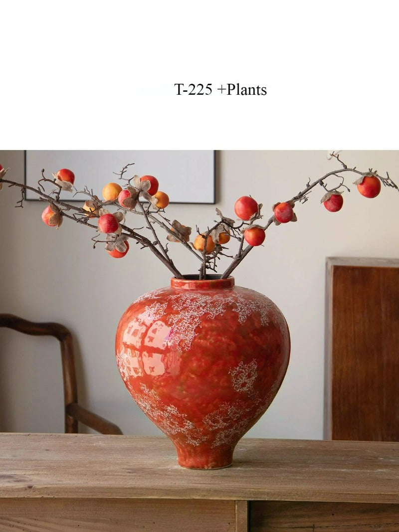 Red Chinese Ceramic Vase Retro National Style Dual-use Floral Vessel for Dried & Fresh Flower Table Decor